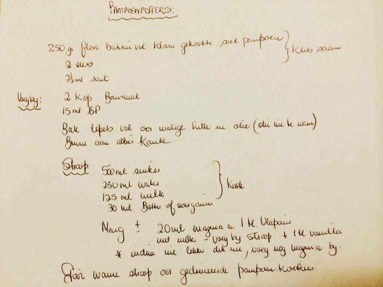 'n Handgeskrewe resep is 'n erfstuk. Na die Bloemfontein-kuier is ek terug huis toe met heerlikhede uit Annette se kombuis soos winddroog boerewors en klam biltong, én haar pampoenpoffertjie-resep om dit vir Prins Ian, pampoenkoekie-aficionado, te maak.  