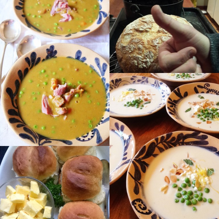 Sopmaakdag in my kombuis is altyd bakdag ook. Links bo ertjie en eisbein; regs onder: blomkool, ertjie en amandelsop.